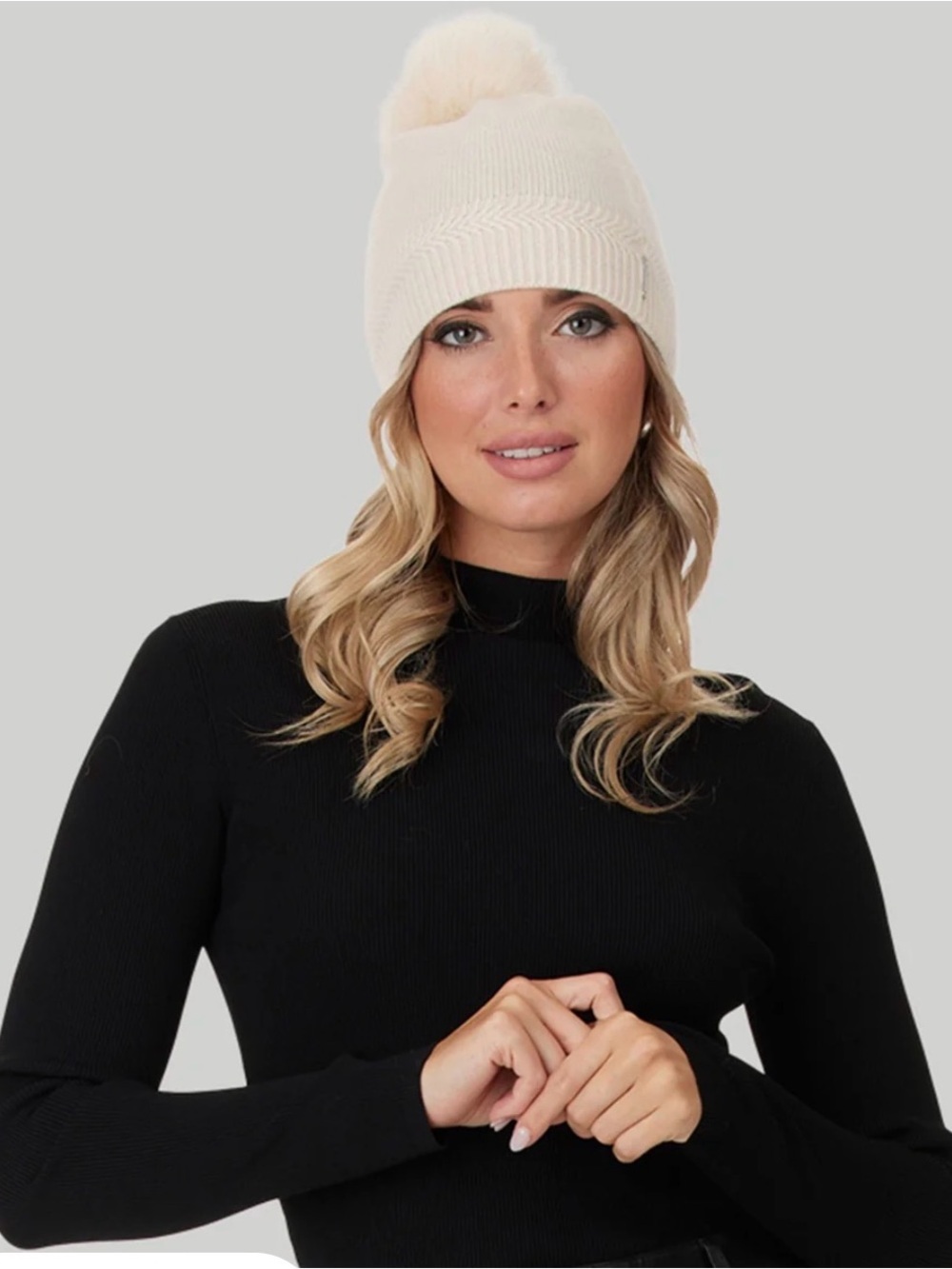Gorski Cozy Pom Pom Knit Cashmre  Beanie - Apricot  OS